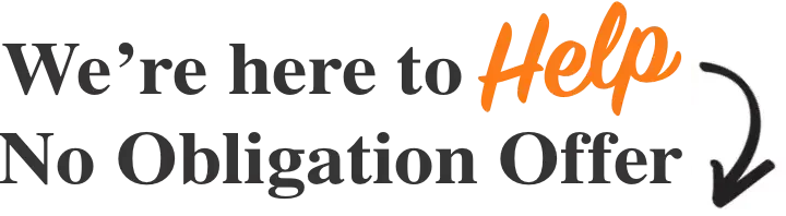 Text image saying 'We're here to Help No Obligation Offer!' with 'Help' in orange, above a contact form with an arrow pointing to it, for fast house sales in Arizona.