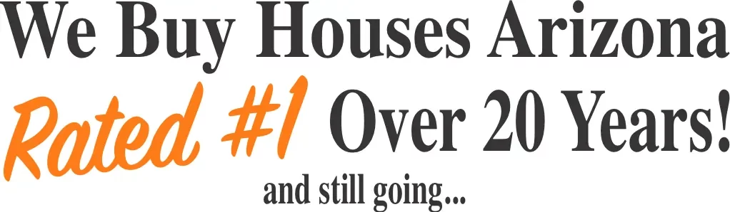 Text image announcing 'We Buy Houses Arizona Rated #1 AZ Home Buying Company!' with 'Rated #1' highlighted in orange, above a contact form with an arrow pointing to it, for quick house sales in Arizona.