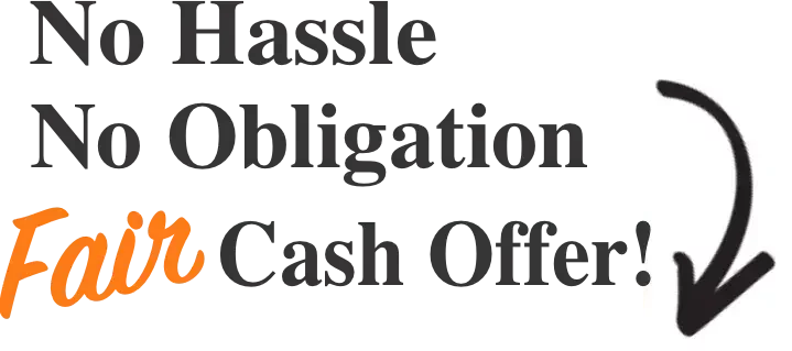 Text image reading 'No Hassle No Obligation Fair Cash Offer!' with 'Fair' highlighted in orange, positioned above a contact form with an arrow pointing to it, for selling houses fast in Arizona.