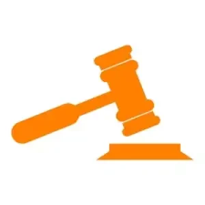 Orange icon of a court gavel, representing 'We Buy Houses Arizona's' solutions for homeowners facing foreclosure, emphasizing the company's supportive services.