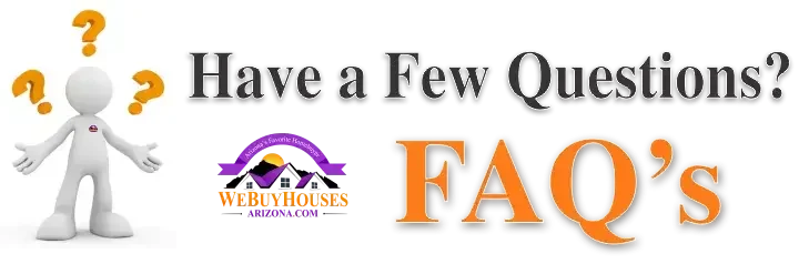 Text image with 'Have a few questions? FAQs' with 'FAQs' in orange, featuring a company logo of a house, sun, and mountains in purple, black, and orange, and a character with orange question marks, leading to a FAQ section.