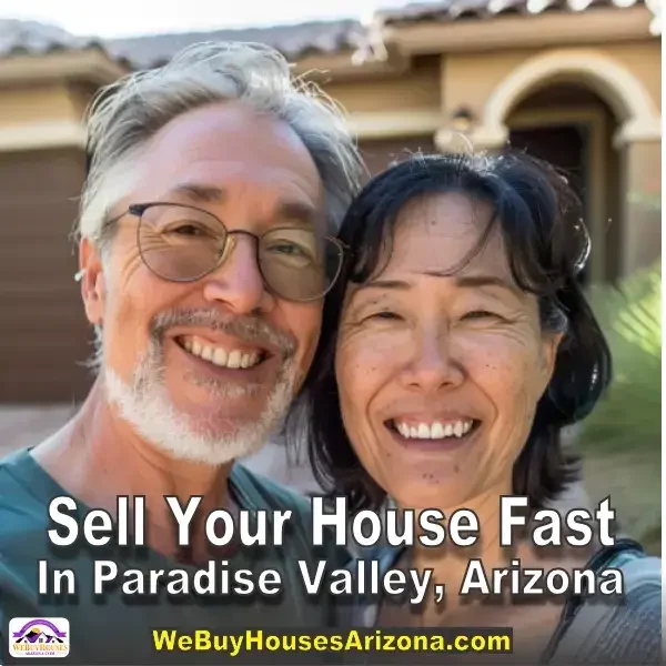 Bowen and Mei, smiling in front of their sold Paradise Valley property with "Sell Your House Fast In Paradise Valley" text.