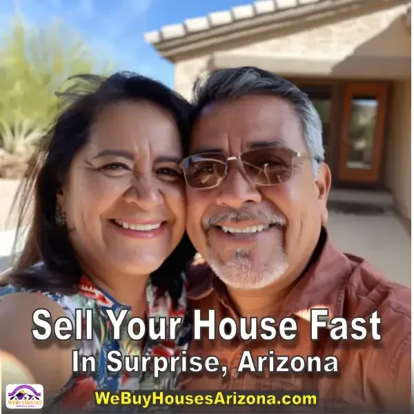 Relieved home sellers Jessie &  Enrique taking a selfie in front of their Surprise, AZ home - We Buy Houses Arizona happy customer