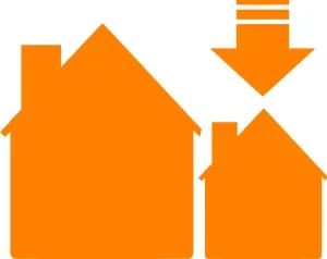 Orange icon of a downsizing house representing 'We Buy Houses Arizona's' solutions for homeowners facing downsizing.