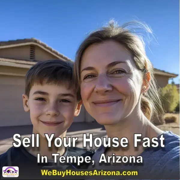 Hope and her son, smiling big in front of their sold Tempe, Arizona house. They sold their House Fast In Tempe, Arizona.