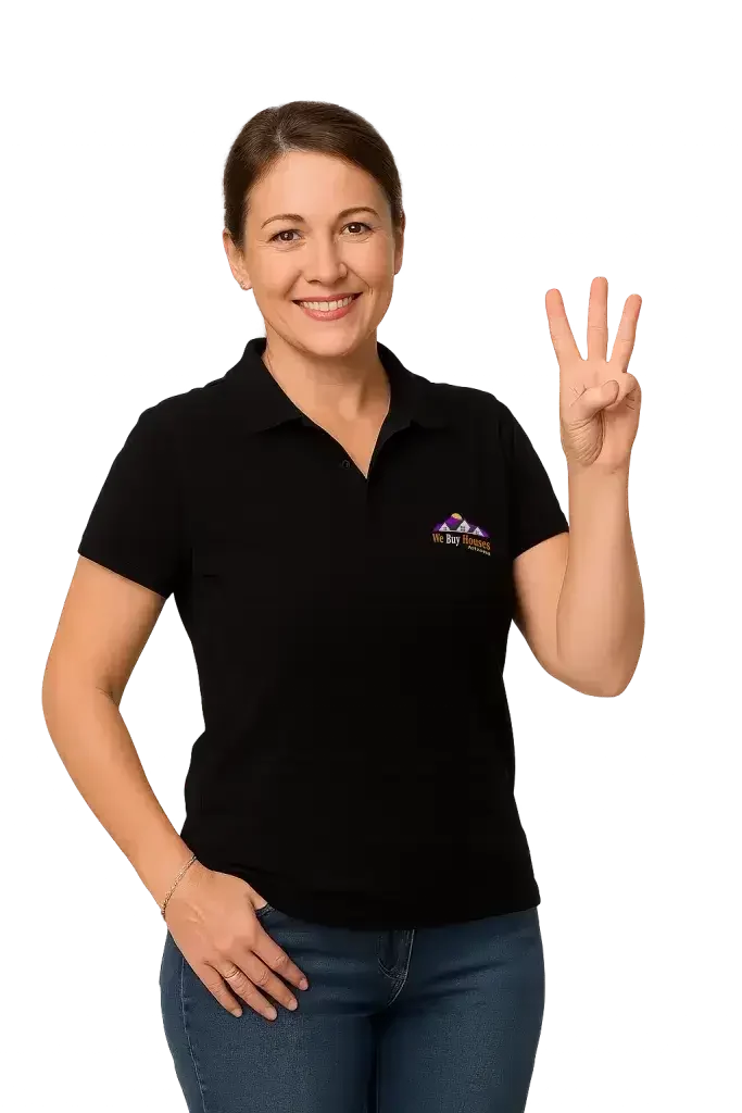 Smiling woman holding up three fingers to represent the simple 3-step cash offer process for Mesa homeowners.