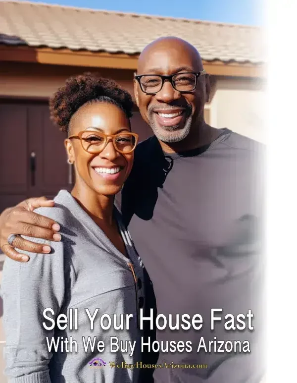 Happy couple in front of a sold Mesa house after an as-is cash sale