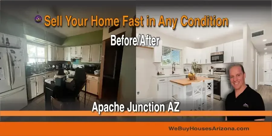 Before and after kitchen renovation at 370 W. 21st Ave, Apache Junction AZ 85120 — We Buy Houses Arizona cash purchase