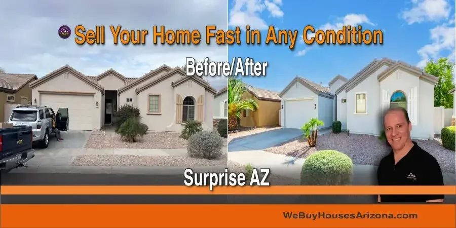 Before and after renovation of We Buy Houses Arizona property at 14488 N 136th Lane Surprise AZ 85379