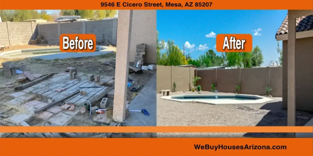 9546 E Cicero Street, Mesa AZ, backyard pool and hardscape before and after renovation by We Buy Houses Arizona.
