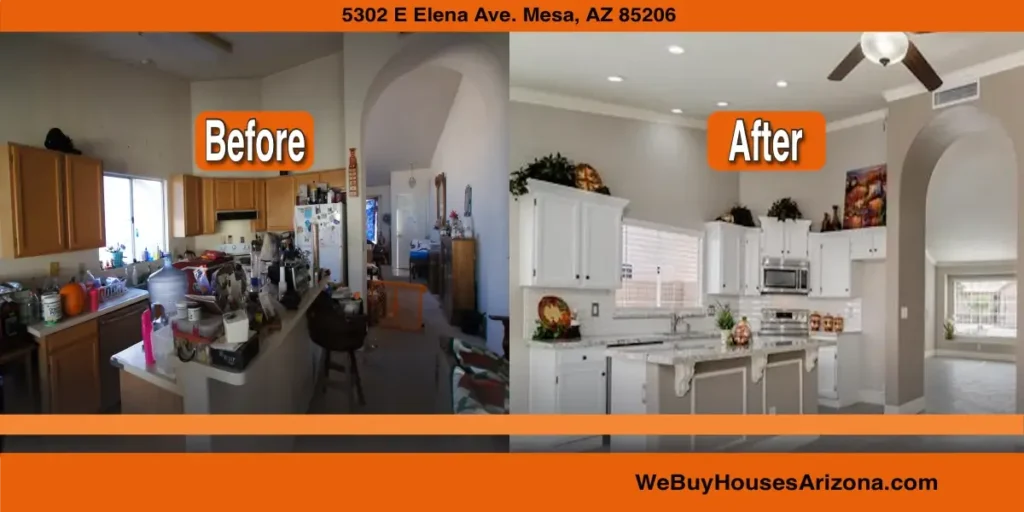 5302 E Elena Ave, Mesa AZ, kitchen before and after renovation by We Buy Houses Arizona.