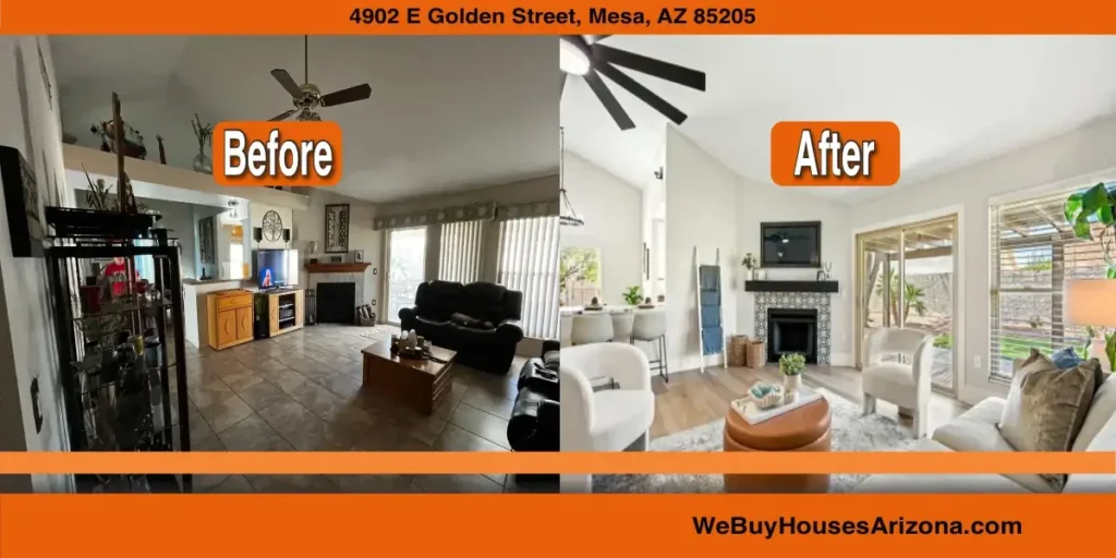 4902 E Golden Street, Mesa AZ, living room before and after renovation by We Buy Houses Arizona.