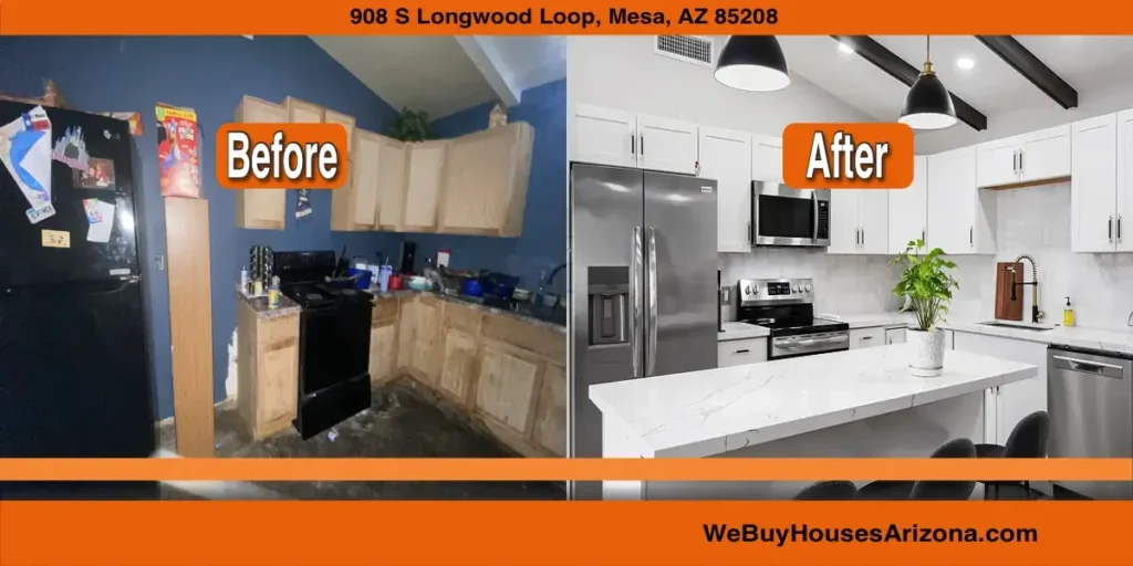 908 S Longwood Loop, Mesa AZ, kitchen before and after renovation by We Buy Houses Arizona.