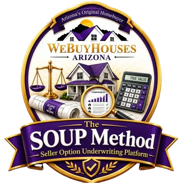 The SOUP Method badge, We Buy Houses Arizona's Seller Option Underwriting Platform for calculating cash offers.