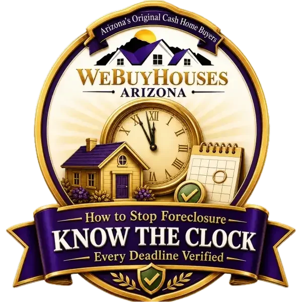 We Buy Houses Arizona stop foreclosure guide badge, Know the Clock, every deadline verified.