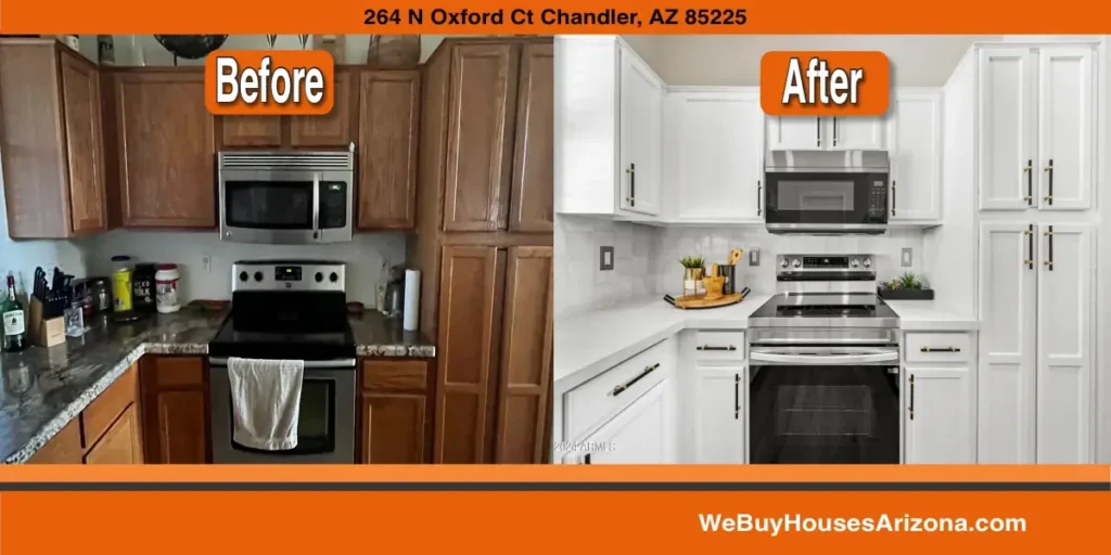 Before and after kitchen at 264 N Oxford Ct, Chandler AZ 85225: cabinets refinished, new countertops and fixtures after cash home purchase.