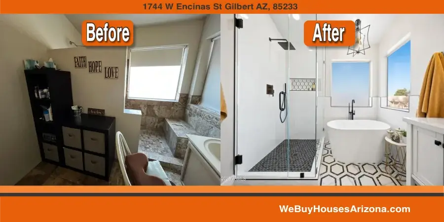 Before and after bathroom at 1744 W Encinas St, Gilbert AZ 85233: dated tub and tile surround replaced with a walk-in glass shower and freestanding tub after cash home purchase by We Buy Houses Arizona.
