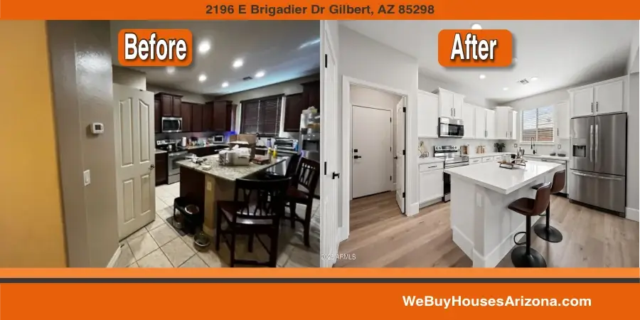 Before and after kitchen at 2196 E Brigadier Dr, Gilbert AZ 85298: dark cabinets and tile floor replaced with white cabinetry, a white island and light wood flooring after cash home purchase by We Buy Houses Arizona.