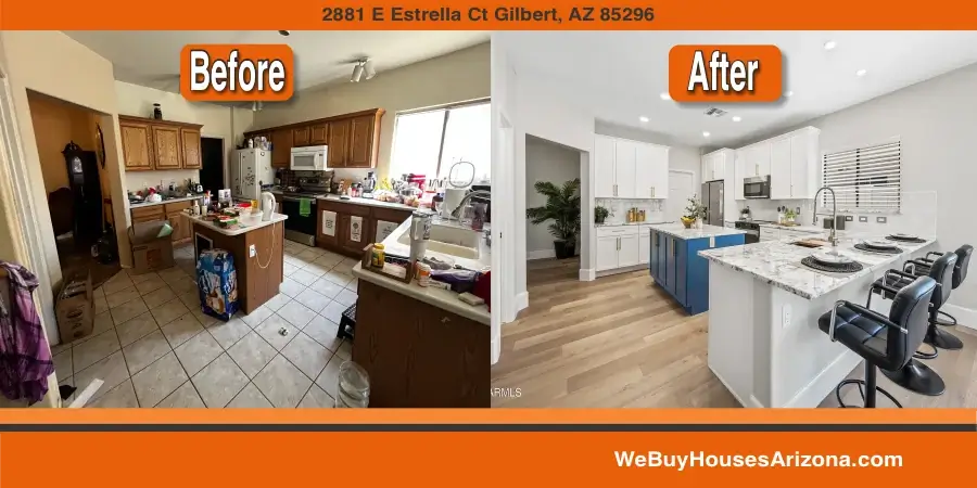 Before and after kitchen at 2881 E Estrella Ct, Gilbert AZ 85296: oak cabinets and tile floor replaced with white cabinetry, a blue island and wood-look flooring after cash home purchase by We Buy Houses Arizona.