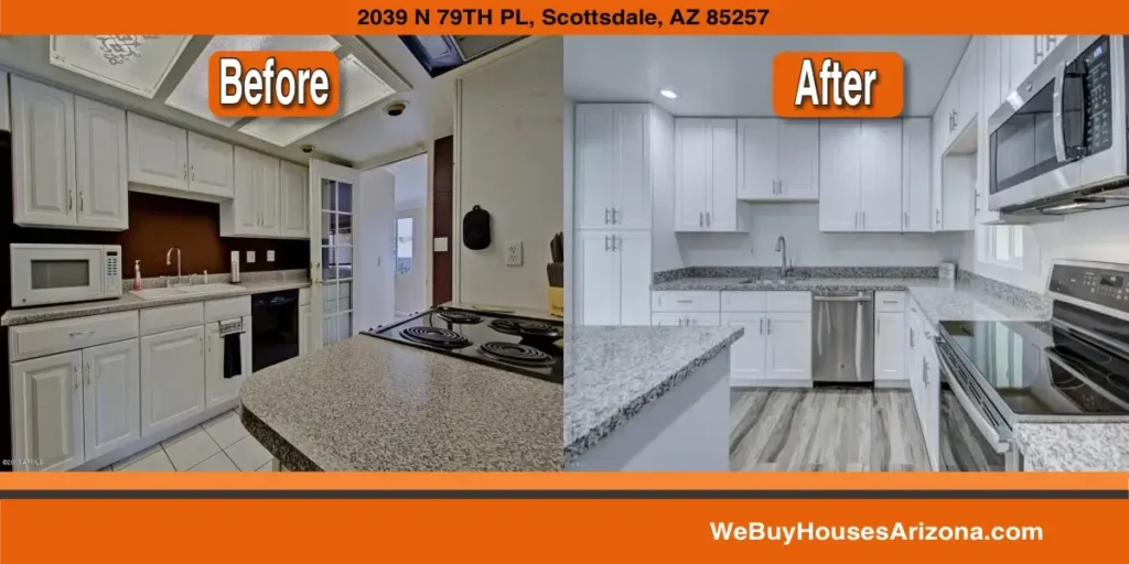 The kitchen at 2039 N 79th Pl, Scottsdale AZ 85257, before and after: a galley layout with a fluorescent ceiling panel and black appliances, and the same kitchen afterward with new cabinet fronts, stainless appliances and plank flooring.