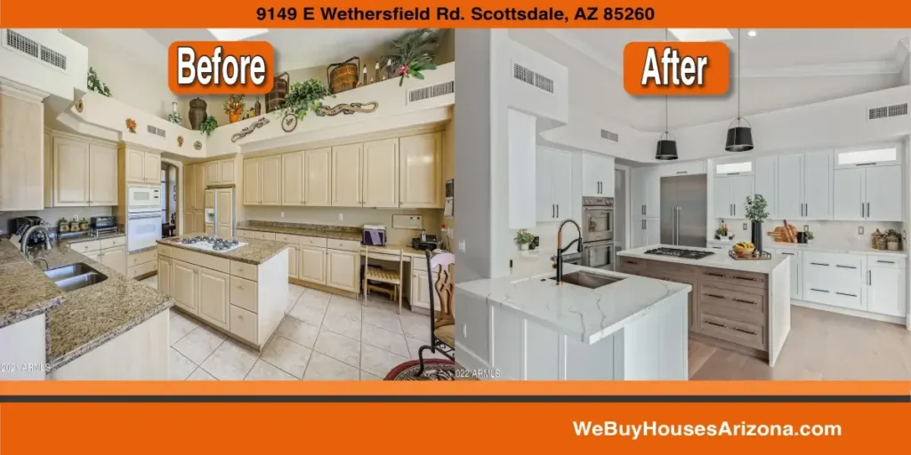 The kitchen at 9149 E. Wethersfield Rd, Scottsdale AZ 85260, before and after: dated cream cabinetry, granite and a soffit display shelf on the left, and on the right a rebuilt kitchen with white cabinets, quartz counters and a wood-toned island.