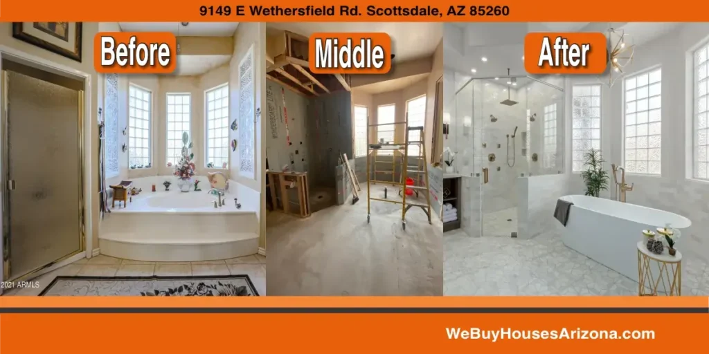 The primary bathroom at 9149 E. Wethersfield Rd, Scottsdale AZ 85260, shown in three stages: the original corner tub and glass-block windows, the room stripped to framing mid-renovation, and the finished bathroom with a walk-in shower and a freestanding tub.