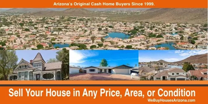 A historic two-story, a mid-century ranch, and a house in a master-planned lake community, the range of Glendale eras and conditions We Buy Houses Arizona buys as-is.