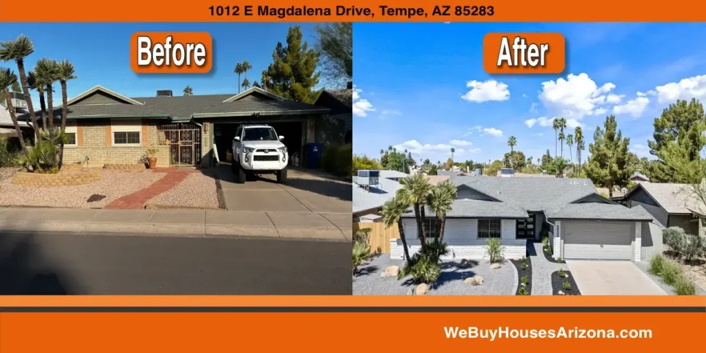 Before and after at 1012 E Magdalena Drive, Tempe AZ 85283: full remodel of a 1973 time capsule after cash home purchase by We Buy Houses Arizona.