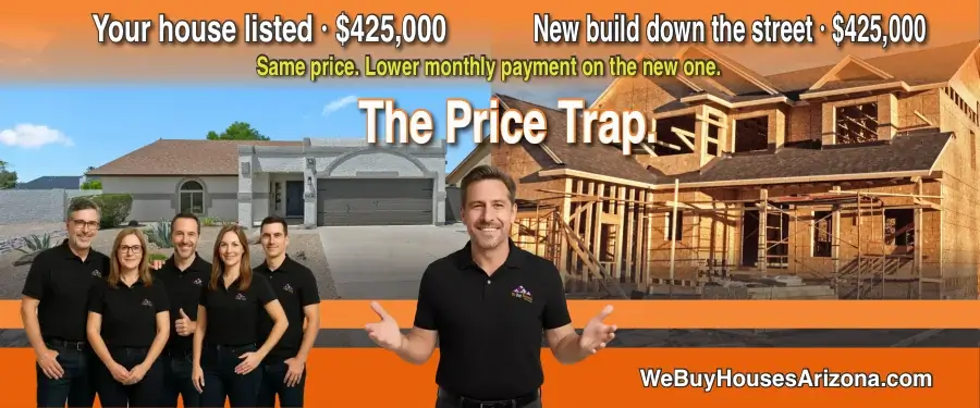 Side-by-side comparison of a Surprise resale home listed at $425,000 and a new build priced at $425,000, labelled The Price Trap, with the We Buy Houses Arizona team.