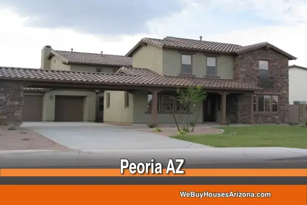 Two-story house with a tile roof and stone accents at 30226 N. 124th Dr, Peoria, AZ, bought by We Buy Houses Arizona in 2005.