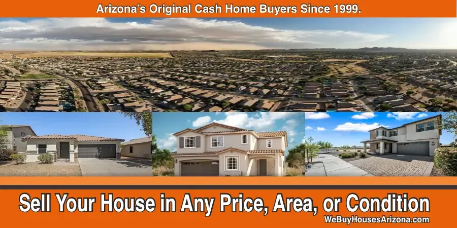 A single-story stucco tract home, a two-story Tuscan-era build and a newer contemporary with a paver drive, above an aerial of Queen Creek AZ: the range of eras and conditions We Buy Houses Arizona buys as-is.
