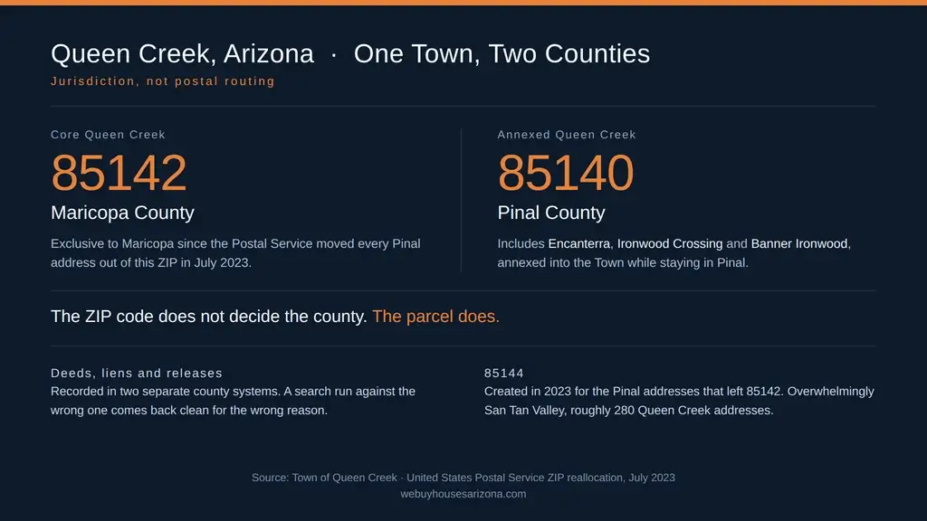 Queen Creek, Arizona spans two counties: ZIP 85142 is Maricopa County, ZIP 85140 is Pinal County and includes the annexed communities of Encanterra and Ironwood Crossing. The parcel, not the ZIP code, decides the county.