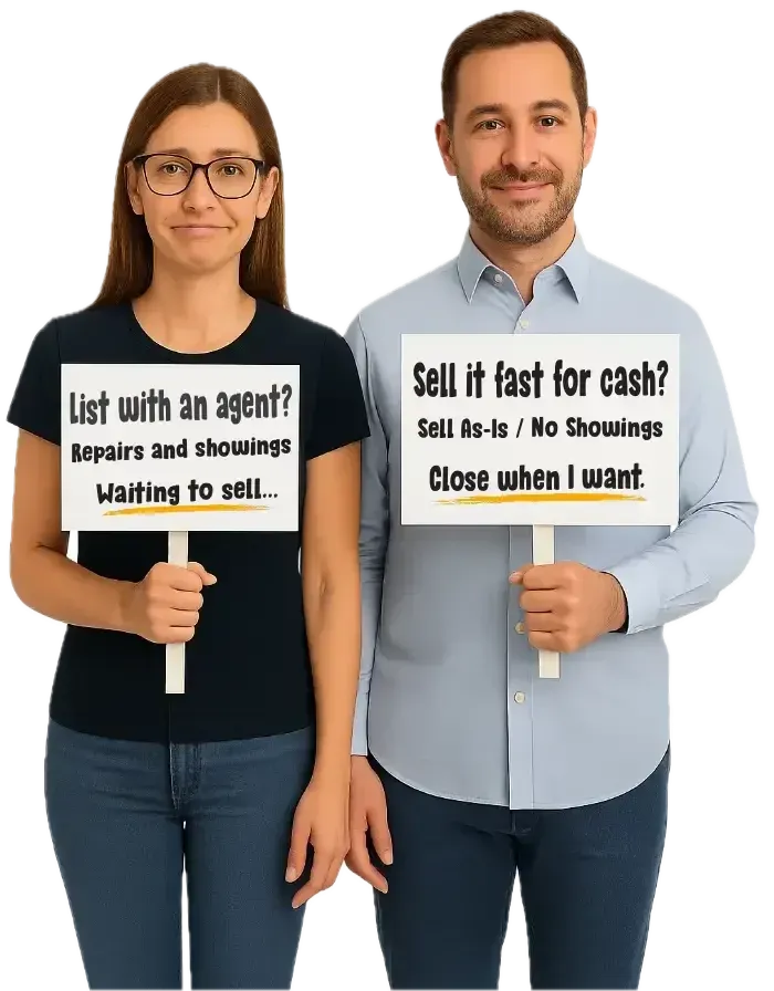 Two homeowners holding signs: "List with an agent? Repairs and showings, waiting to sell" and "Sell it fast for cash? Sell as-is, no showings, close when I want.
