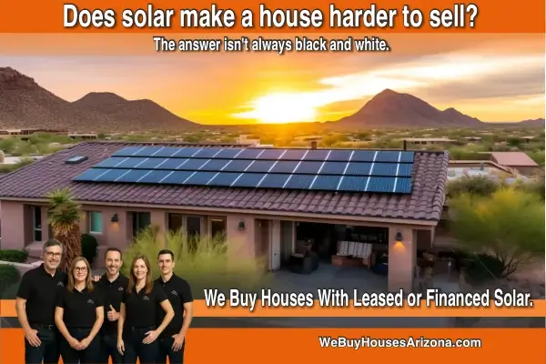House with solar panels on a tile roof at sunset, with five people in black shirts standing in front. Text reads: Does solar make a house harder to sell? We buy houses with leased or financed solar.