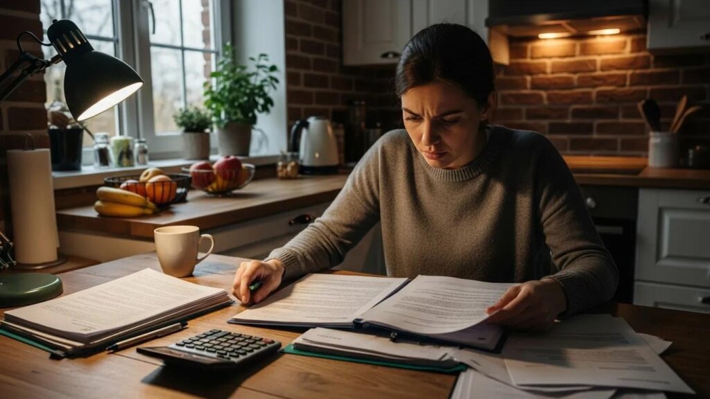Homeowner reviewing documents to avoid foreclosure in a cozy kitchen setting
