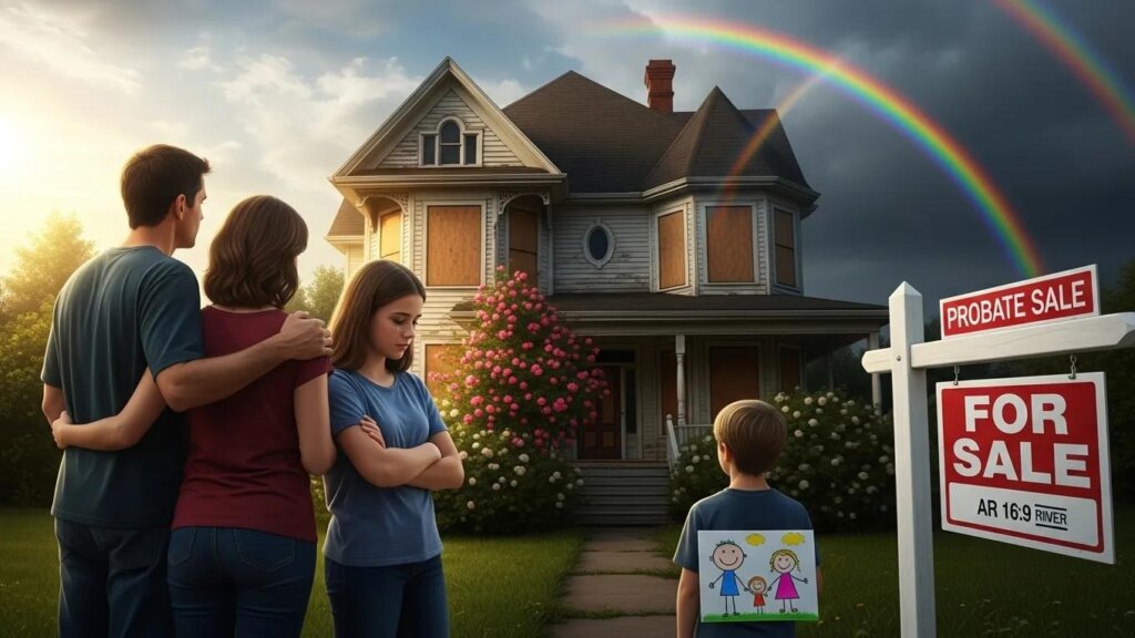 Family in front of a house representing the emotional journey of selling during probate
