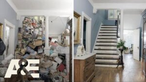 Before and after cleanup of a hoarder house in A&E TV Series, showing a dramatic transformation.