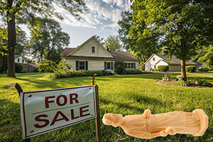 Traditional Louisiana home with a "For Sale" sign in front with Statue on the ground ready to be buried