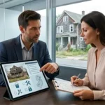Real estate agent and homeowner shake hands, exchanging house keys with a 'SOLD' sign and residential neighborhood visible through a large window