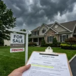 A suburban New Jersey house for sale under dark stormy clouds, with a title search clipboard held in the foreground symbolizing a cloudy title.