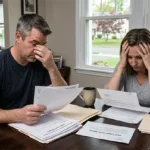 Stressed man rubbing his face and worried woman holding her head while reviewing financial documents and bills at a dining table.