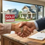 Real estate agent and homeowner shake hands, exchanging house keys with a 'SOLD' sign and residential neighborhood visible through a large window