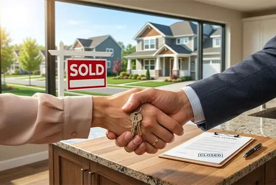 Real estate agent and homeowner shake hands, exchanging house keys with a 'SOLD' sign and residential neighborhood visible through a large window