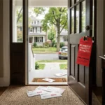 A photo of a New Jersey home entrance with a red tag hanging from the doorknob labeled 'DELINQUENT PROPERTY TAX NOTICE - FINAL WARNING', and several unopened official envelopes with 'URGENT' stamps on the doormat and console table.