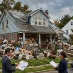A stressed real estate agent points to a sales contract for a severely cluttered hoarder house in a New Jersey neighborhood, highlighting the urgent need to sell fast.