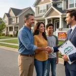A diverse New Jersey family smiling and shaking hands with a cash home buyer agent, holding a 'SOLD FOR CASH!' sign and a 'We Buy NJ Real Estate' clipboard in a suburban neighborhood.