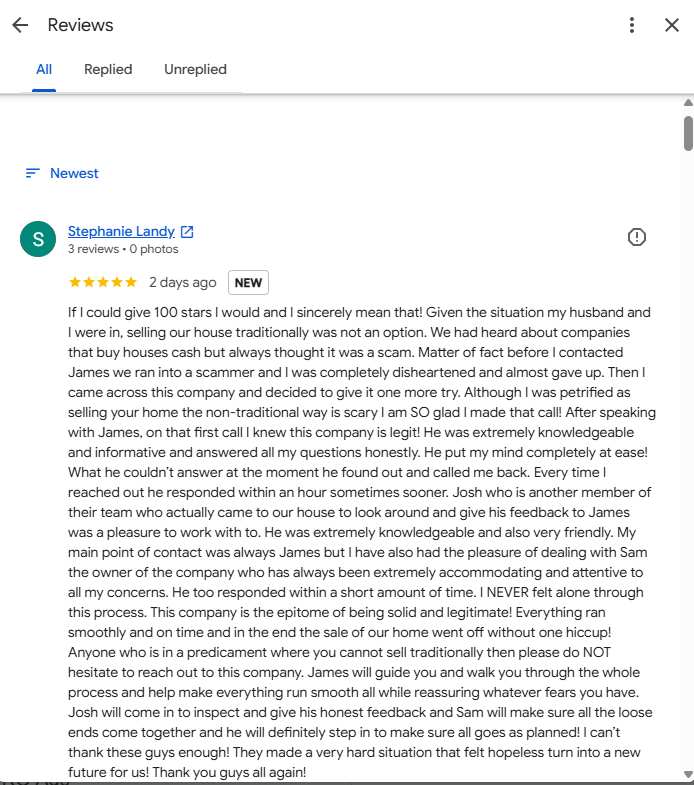 Five-star Google review from a New Jersey homeowner describing her experience selling a house to We Buy NJ Real Estate