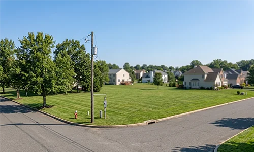 A scenic view of a clean, vacant residential lot ready for development in a peaceful New Jersey neighborhood.