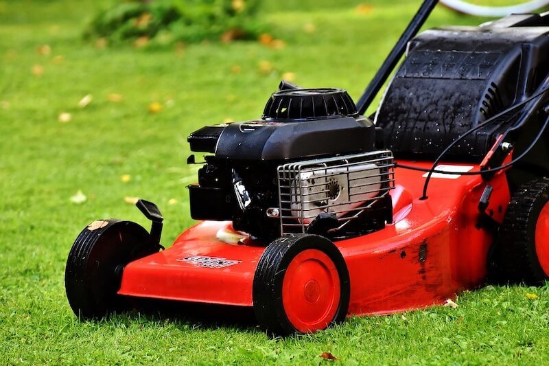 Mowing the lawn with red lawn mower 