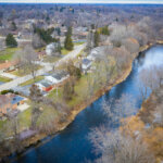 Aerial view of Glendale WI featuring the Milwaukee River. Taken in early winter